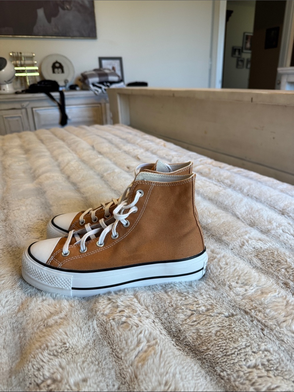 Converse High-Top Canvas Sneakers in Camel Brown and White
